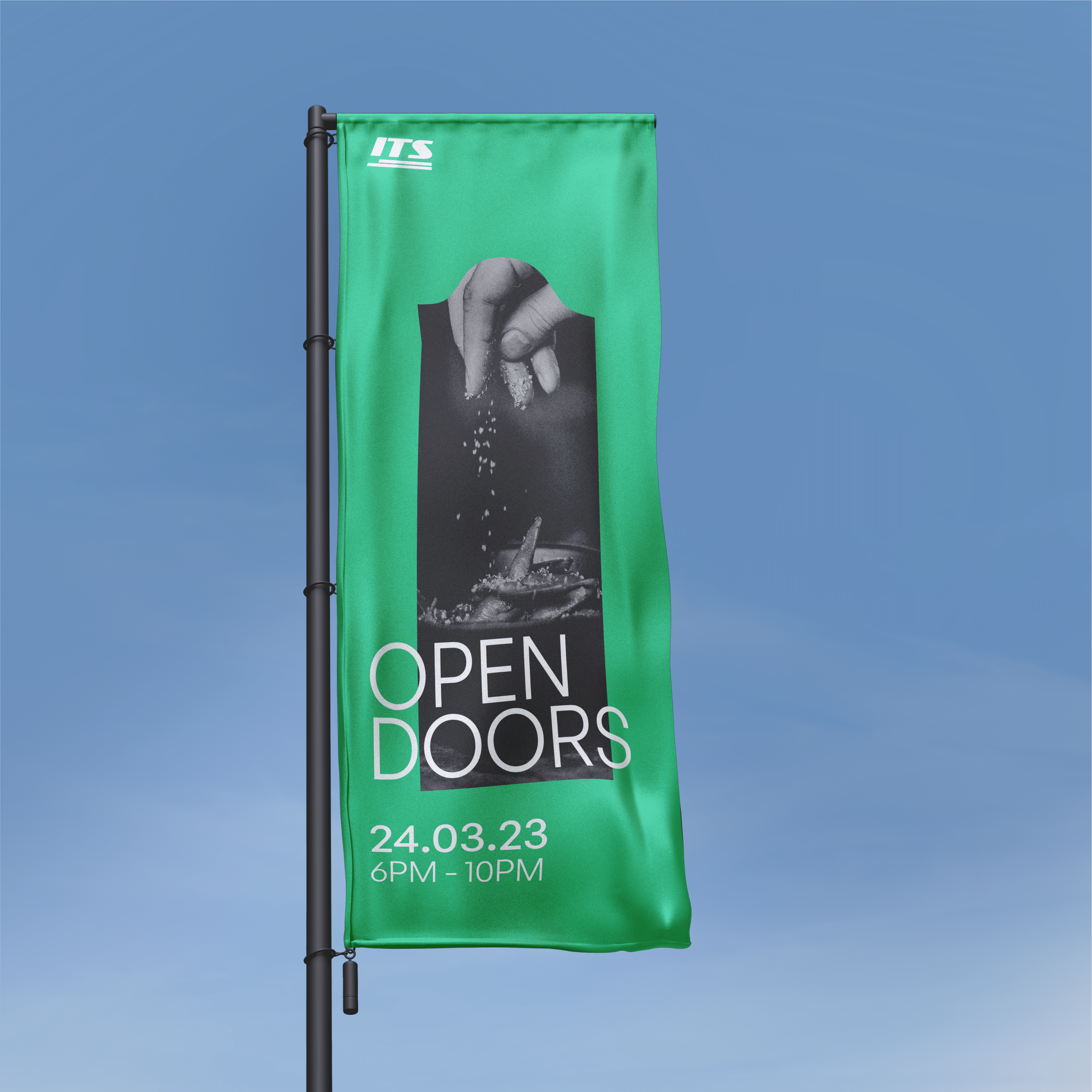 Eye-catching 'Open Doors' Event Feather Flag with Vibrant Design by Redorange Design for the Institute of Tourism Studies in Luqa, Malta.